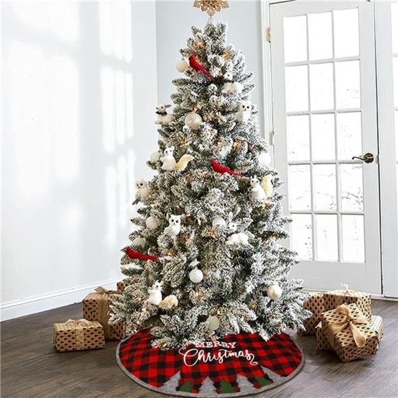 32 Inch Christmas Tree Skirt, Soft Red and Black Plaid Christmas Tree Mat - Picture 4 of 8